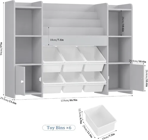 Vista 2 de FINETONES Organizador de almacenamiento de juguetes con 6 cubos de juguetes, organizador de juguetes para niños con 6 cubículos, organizadores
