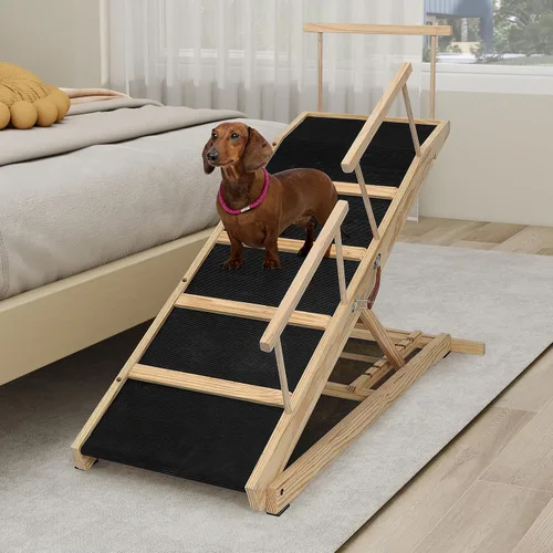 Vista 11 de Rampa para Mascotas Plegable Portátil de Madera para Perros y Gatos para Sofá o Cama, Incluye Alfombrilla Antideslizante y Rieles Laterales