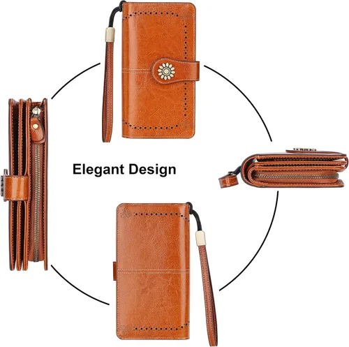 Vista 4 de Lavemi - Cartera de piel con bloqueo RFID para mujer, de gran capacidad, para llevarla a la muñeca