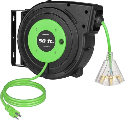 Vista 8 de DEWENWILS - Carrete de cable de extensión retráctil, cable de alimentación resistente de 50 pies, 14/3AWG SJTOW, tomas triples iluminadas, disyuntor