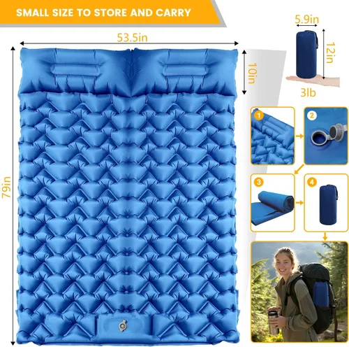 Vista 4 de Colchoneta de dormir para acampar para 2 personas, doble almohadilla de campamento con bomba de pie y almohada integrada, colchón de aire