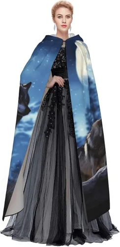 Vista 3 de Capa con capucha unisex con estampado de lobos, capa de longitud completa, capa para fiesta de cosplay, para Halloween, Navidad, cosplay