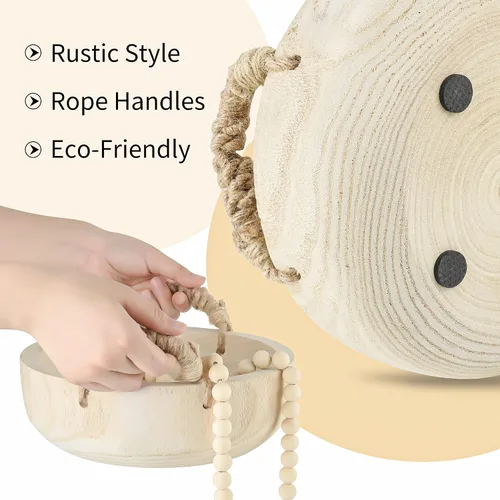Vista 4 de Paulownia - Cuenco de madera rústica para masa, redondo, con mango de cuerda y guirnalda de cuentas de madera para centro de mesa de Navidad