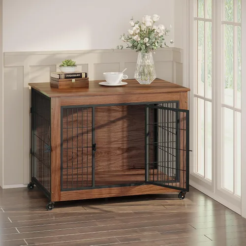 Vista 7 de Mueble de jaula para perros de 38.6 pulgadas con ruedas, mesa de madera resistente para perrera, jaula para mascotas de interior con 2 puertas, caja