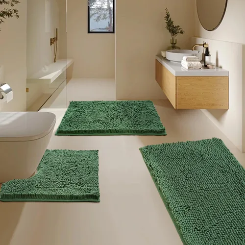 Vista 22 de Juego de 3 alfombras de baño de felpilla ultrasuave, antideslizante y súper absorbente, parte inferior de PVC fuerte, lavable a máquina, para Negro
