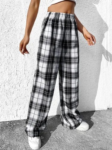 Vista 4 de OYOANGLE Pantalones largos sueltos casuales de cintura alta con estampado a cuadros para mujer