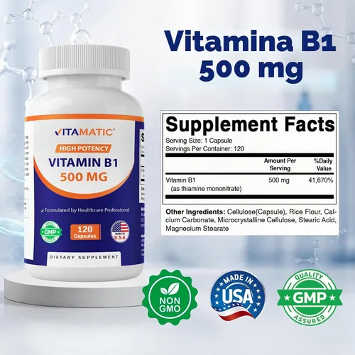 Vista 2 de Vitamina B1 500 mg (mononitrato de tiamina), 120 cápsulas (paquete de 2) High Potency B1, Supports Nervous System Health and Energy Metabolism*