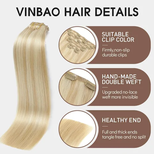 Vista 35 de VINBAO Extensiones de cabello humano con clip, balayage, color marrón ceniza a rubio caramelo, 14 pulgadas, 6 unidades, 3.53 onzas, 6
