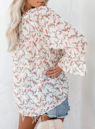 Vista 3 de Happy Sailed Womens Boho Floral Print V Neck Tops Casual Long Sleeve Drawstring Blouses ShirtsS-XXL