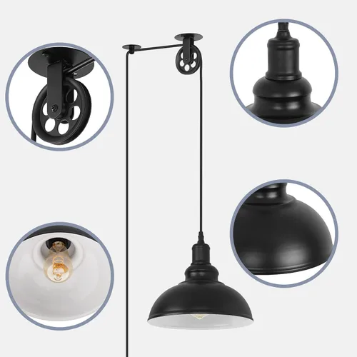 Vista 4 de Lámpara Colgante Industrial Negra Enchufable con Polea con Cable de 19.5 pies con Interruptor de Encendido/Apagado, Moderna Lámpara Colgante