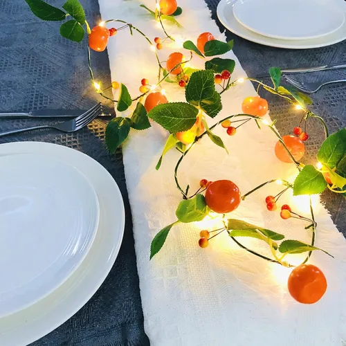 Vista 3 de Vid de mandarina con tira de luces LED, vid artificial de bayas de Kumquat de 6.6 ft, 1 cadena de 20 luces LED, funciona con pilas, decoración