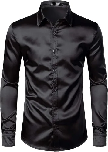 Vista 2 de ZEROYAA Camisas de vestir con botones de satén de seda brillante para hombre