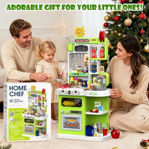 Vista 7 de DRAMATION Juego de Cocina para Niños, Cocina de Juego de 36.22'' para Niños Pequeños de 1-3 con Vapor, Sonido y Luz, Estufa de Cocina, Fregadero