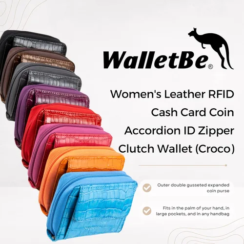 Vista 2 de WalletBe - Cartera de cuero para mujer, tarjeta de efectivo RFID de moneda, embrague de acordeón, identificación con cremallera Croco, Negro