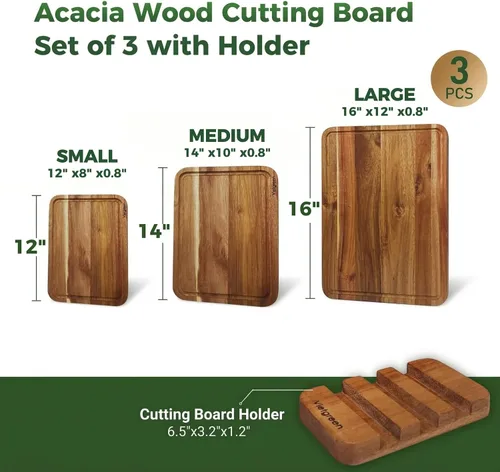 Vista 5 de Juego de 3 tablas de cortar de madera de acacia con soporte (16 x 12 pulgadas, 14 x 10 pulgadas, 12 x 8 pulgadas), charcutería de grano de borde