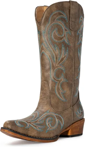Vista 11 de IUV - Botas de cowboy para mujer, botas vaqueras a media pantorrilla, botas de vaquera con punta puntiaguda, botas occidentales B-Rojo