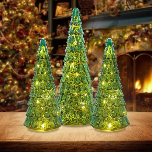 Vista 10 de PHITRIC Decoraciones de Navidad para Interiores, 3 Piezas de Centros de Mesa de Árbol de Navidad de Cristal Rojo Brillante con Luces LED