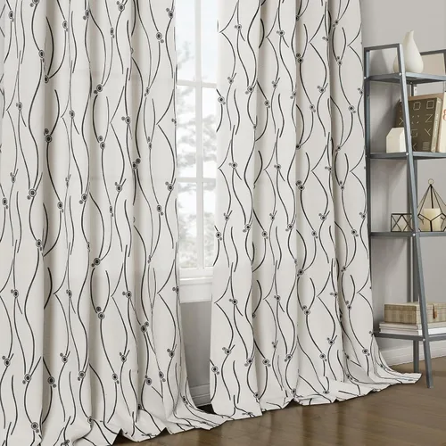 Vista 5 de Joywell Cortinas jacquard con ojales para sala de estar, 108 pulgadas de largo, línea ondulada negra con patrón de puntos, cortinas bordadas