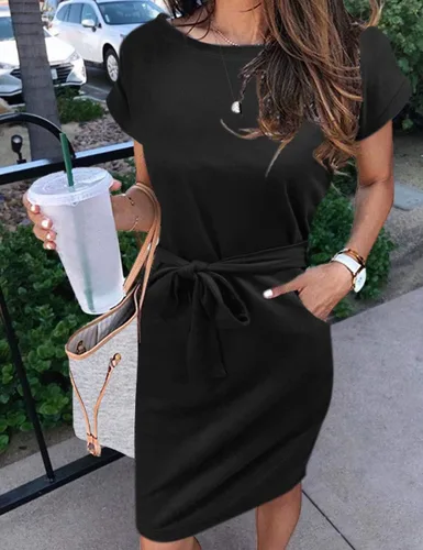 Vista 2 de MEROKEETY - Vestido de verano con manga corta, a rayas, casual, estilo camiseta, con lazo en la cintura y bolsillos, para mujer