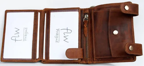 Vista 4 de FLW Billetera de cuero genuino para hombre con cadena de metal para colgar, Marrón, Cartera grande
