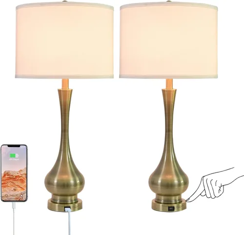 Vista 8 de Lámpara táctil para dormitorios juego de 2, juegos de lámparas de mesa de noche regulables de 3 vías con pantalla de tela de lino, lámpara