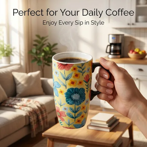 Vista 4 de DUSVALLY Taza de Café de Cerámica Taza de Viaje Regalo con Tapa 17oz, Taza de Té con Asa para Latte, Capuchino y Cacao, Tazas de Café de Porcelana