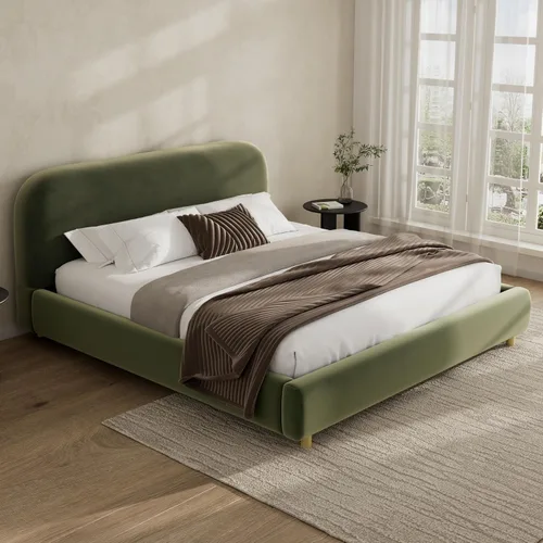 Vista 17 de Cama de Plataforma Tapizada con Forma Curva con Cabecera de Forma Curva, Marco de Cama de Madera Tamaño Full para Dormitorio de Niños y Adultos