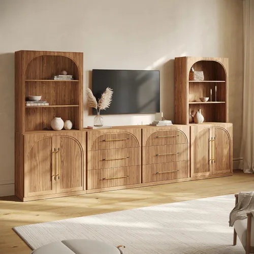 Vista 43 de BELLEZE Centro de entretenimiento modular de 4 piezas con almacenamiento, 2 vitrinas de madera moderna con gabinete arqueado y 2 armarios de puerta