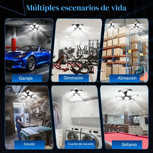 Vista 7 de Luz de Garaje – Bombilla de garaje súper brillante de 15000LM, equivalente a 150 W, rosca E26 con 6 paneles deformables, 6500K, luces LED de taller