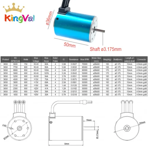 Vista 2 de KingVal Reemplazo 3650 3100KV sin sensores sin escobillas motor eje 0.125 in compatible con 1/10 RC coche