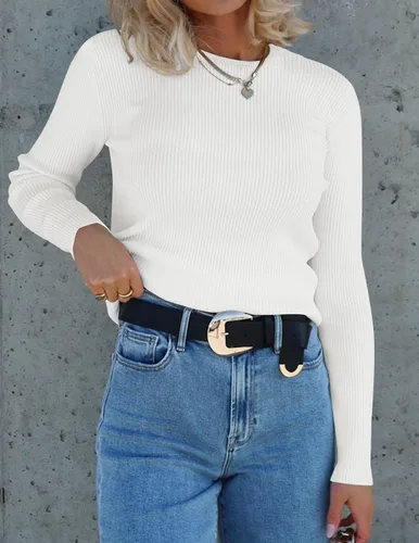 Vista 7 de ZESICA - Camisas de manga larga y cuello redondo para mujer, suéter básico e informal de punto y corte ajustado para primavera