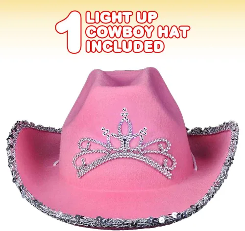 Vista 2 de ArtCreativity Sombrero de vaquero rosa iluminado para niñas, sombrero de vaquera brillante con lentejuelas y una deslumbrante tiara LED, lindo