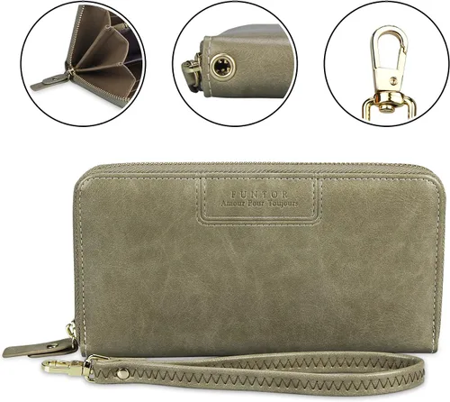 Vista 5 de FT FUNTOR Cartera de pulsera para mujer, cartera de piel sintética vegana con cremallera alrededor del teléfono, tarjetero organizador