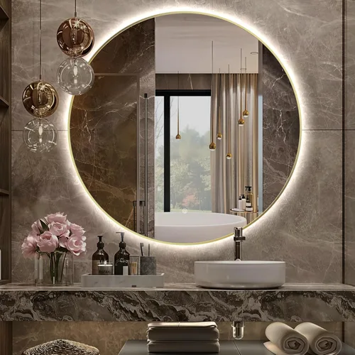 Vista 15 de Espejo de Baño LED Redondo de 24", Espejo de Tocador Retroiluminado Montado en Pared con Marco Biselado de 45°, Espejo Iluminado para Dormitorio