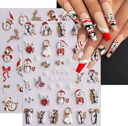 Vista 4 de Calcomanías de arte de uñas de Navidad 5D en relieve autoadhesivas para arte de uñas, lindos gnomos de Papá Noel, muñeco de nieve, árbol de Navidad