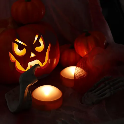 Vista 4 de Paquete de 2 luces LED de calabaza de Halloween con control remoto y temporizador, color naranja, parpadeante, funciona con pilas, velas eléctricas