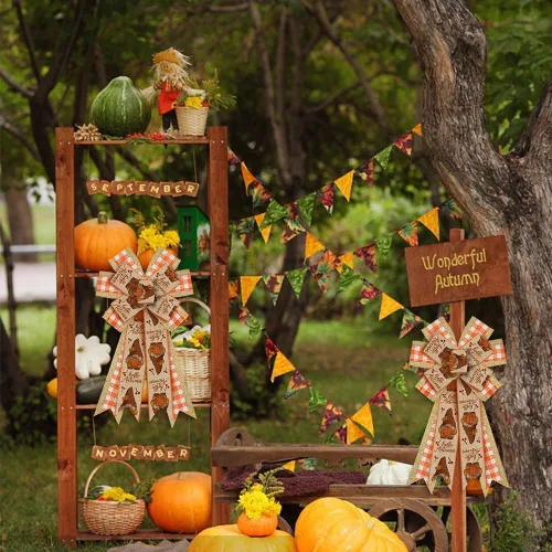 Vista 4 de Lazos grandes de otoño para corona, gnomos de Acción de Gracias, lazos de calabaza y búfalo naranja para puerta delantera, adorno de granja, lazos