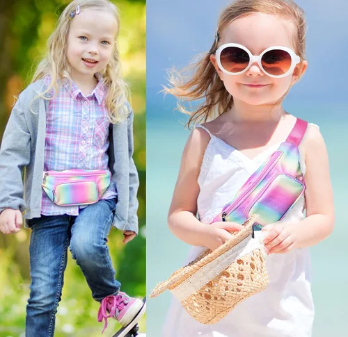 Vista 2 de Riñonera de moda brillante para niñas, con dos bolsillos, manos libres, ligera, con cinturón, para vacaciones, festivales, fiestas, viajes