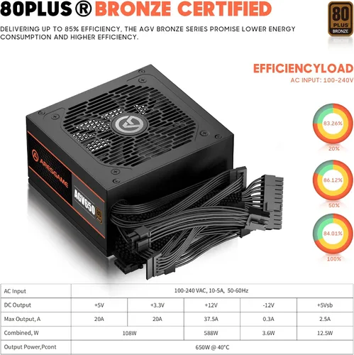 Vista 2 de ARESGAME Fuente de alimentación AGV Series 650W, certificado 80 Plus Bronze, fuente de alimentación no modular, garantía de 5 años