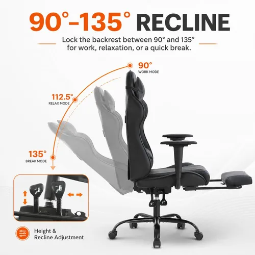 Vista 4 de BestOffice Silla ergonómica para juegos Negro Silla reclinable para computadora con soporte lumbar, almohada reposacabezas y reposapiés