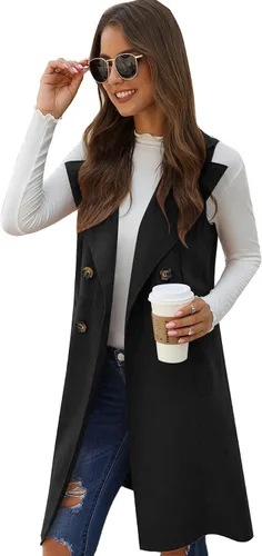 Vista 4 de GORGLITTER Chaleco largo sin mangas con cuello abierto para mujer, chaqueta larga con bolsillo