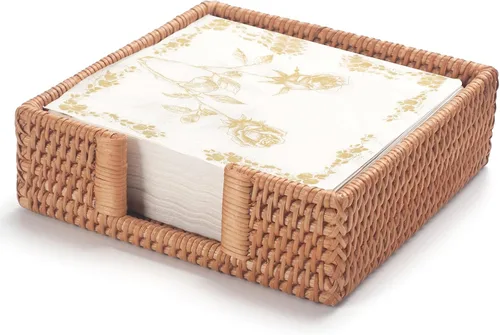 Vista 2 de Servilletero cuadrado de ratán, servilleteros para servilletas de papel, 7.5" x 7.5" x 2.5", bandeja de mimbre para servilletas, soporte tejido