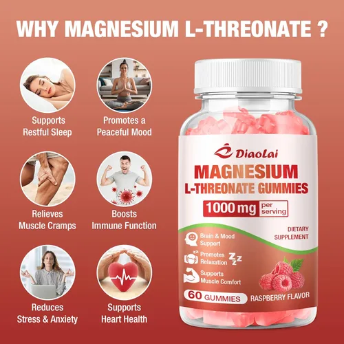 Vista 3 de Gomitas de magnesio L-treonato de 1000 mg - Suplemento cerebral para memoria y concentración para adultos y niños - Sin azúcar, sin OMG, sabor a