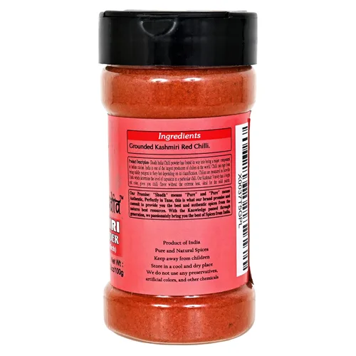 Vista 2 de Shudh India Chili en polvo de Cachemira (Deggi Mirch, a bajo calor) Tarro de PET con tapa agitadora de 3.5 onzas (3.53 oz) Auténtica especia india