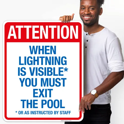 Vista 32 de Letrero con texto en inglés "Attention When Lightning is Visible You Must Exit The Pool - Letrero de piscina, 10 x 14 pulgadas, libre de óxido