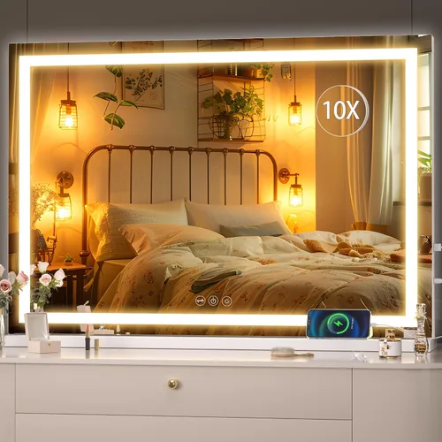 Vista 51 de Hasipu Espejo de tocador con luces, espejo LED de maquillaje de 31.5 x 22 pulgadas, espejo de maquillaje iluminado con 3 modos regulables, espejo