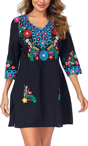 Vista 3 de YZXDORWJ Vestido floral mexicano bordado con cuello en V para mujer, vestido bohemio tradicional floral de manga larga