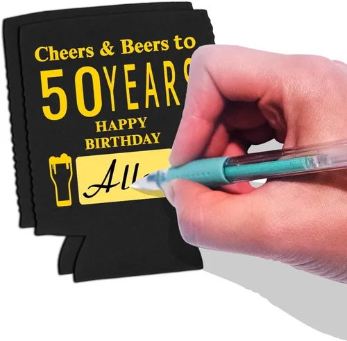 Vista 4 de Yangmics Direct Paquete de 12 fundas para enfriar latas de cumpleaños número 50, suministros para fiesta de cumpleaños de 50 años, color negro