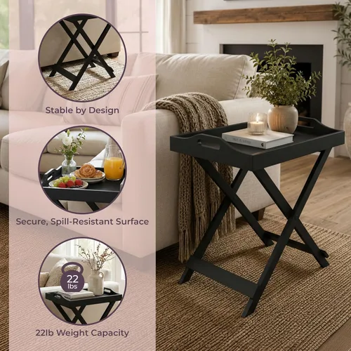Vista 4 de Lavish Home Mesa plegable para TV con bandeja extraíble, juego de 2, color Negro