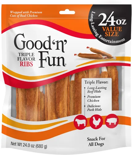 Vista 12 de Good 'n' Fun Masticables de Costillas de Triple Sabor para Todos los Perros, 12 Onzas, Consiente a tu Perro con Masticables de Larga Duración Hechos
